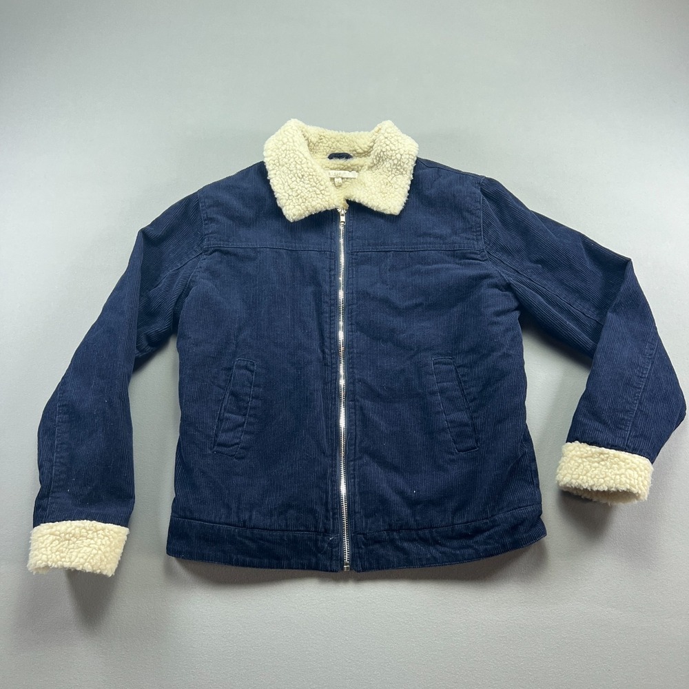 Style Me Corduroy Trucker Jacket Womens Small Navy Blue Sherpa Lined Full Zip